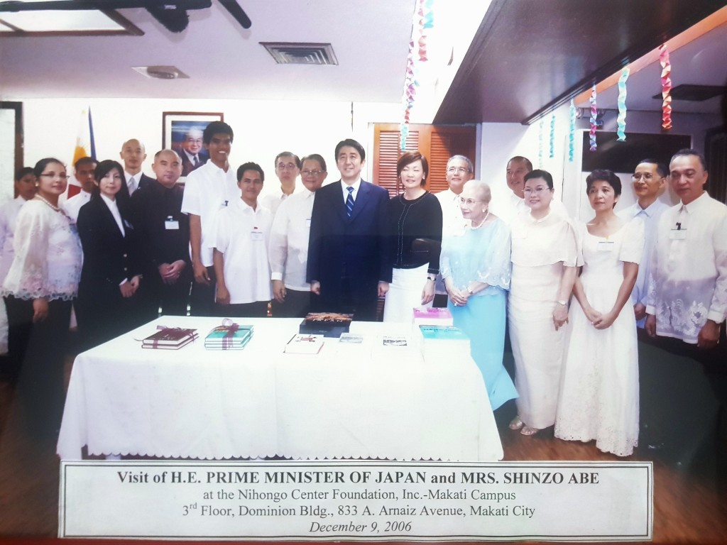 Former Japanese Prime Minister Shinzo Abe and the management and faculty of Nihongo Center Foundation at Makati Philippines 