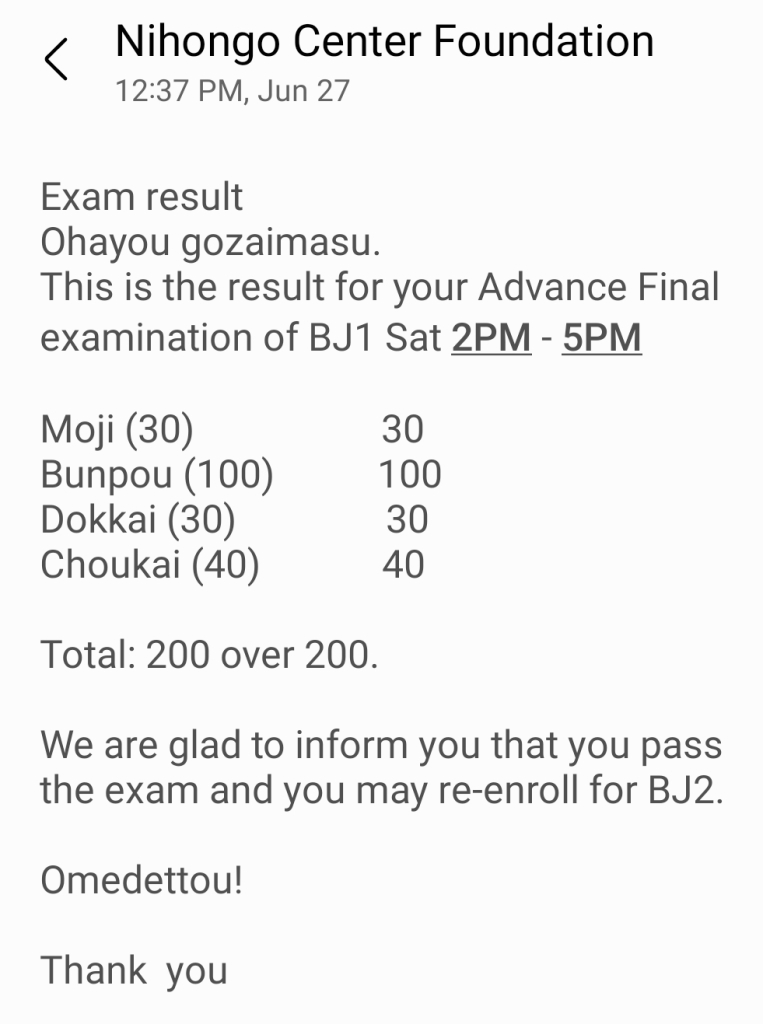 Final exam score for Basic Japanese 1 at Nihongo Center Foundation